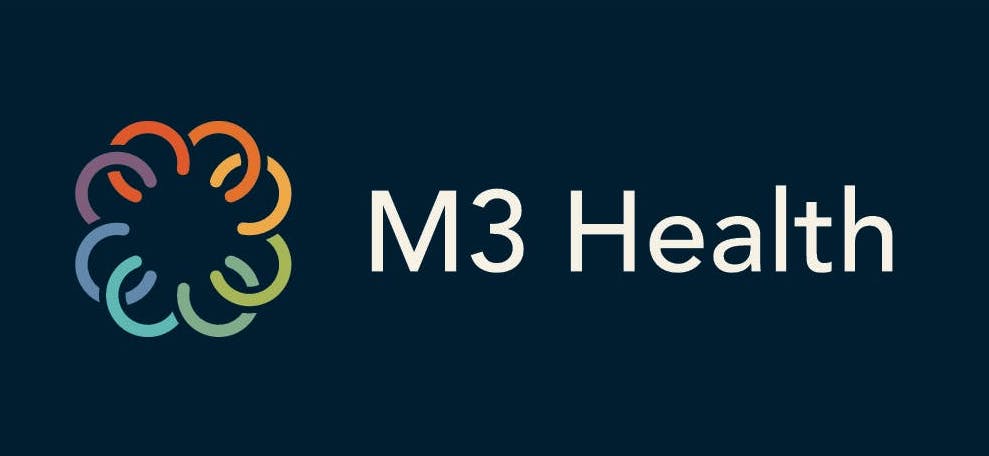 M3 Health logo against a dark background, featuring a vibrant design with a prominent circle at the center. The image signifies a company specializing in health services, where compassion meets quality healthcare. As a partner, SCS Group aligns with M3 Health's vision of providing welcoming and personalized care to valued patients.