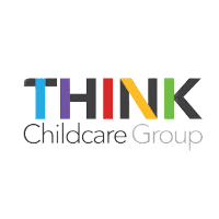 Think Childcare Group Logo showcasing the word 'THINK' in bold, symbolizing thoughtful childcare. 'Childcare Group' in smaller font highlights their full and part-time care services for babies and children."