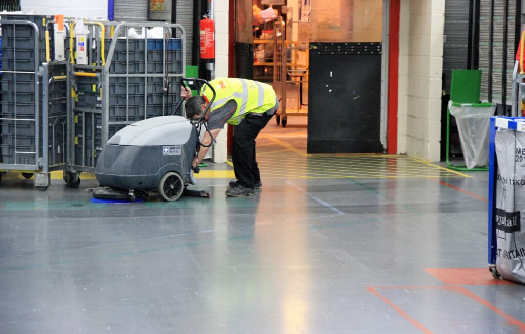 A man in a yellow vest operates a cleaning machine in a warehouse, while a black box, a green chair, and a skateboarder add layers to the scene.