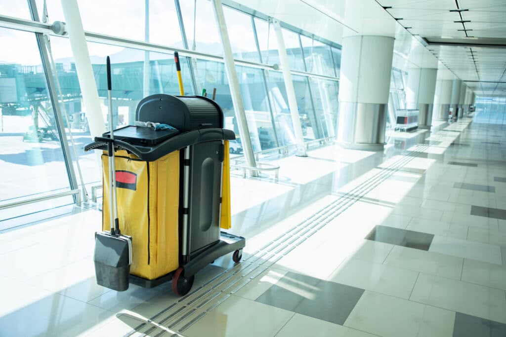 A black and yellow cleaning cart stands on a precisely tiled airport floor. Cleaning tools, a suitcase, a box, and a piece of glass compose an orderly scene.